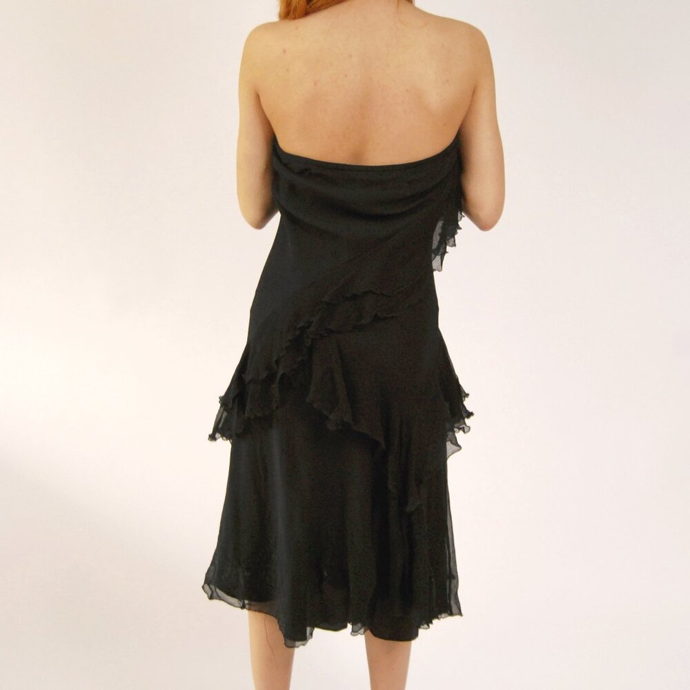Frilly Silk Dress (S) vintage y2k black sequin ruffle small embroidered crepe - Picture 3 of 8